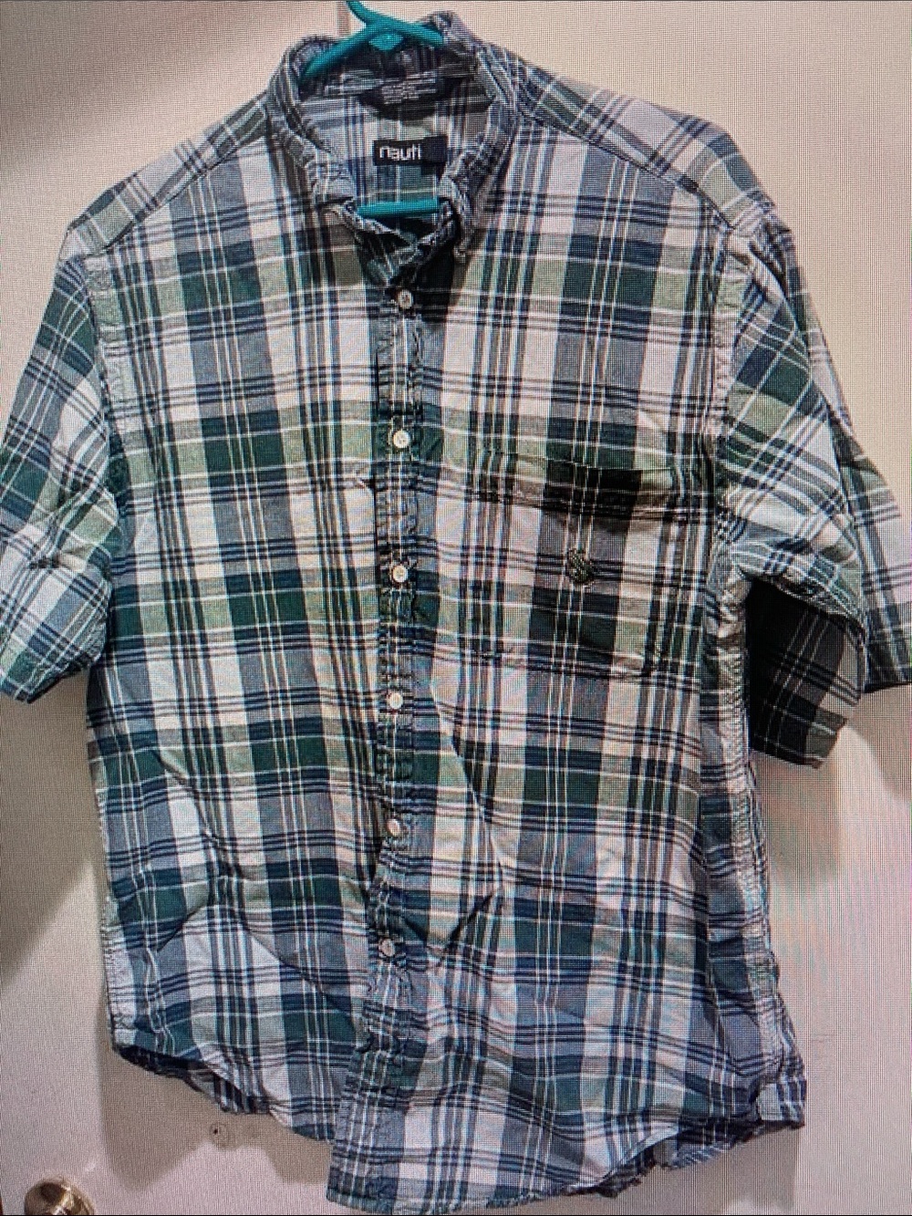 Nautica Men's Green and Blue Plaid Short-Sleeve Button-Down Shirt